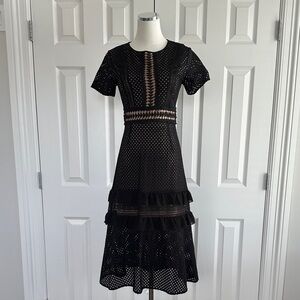 Boohoo Black Eyelet Lace Tiered Dress Ruffle V-Neck Skater Cocktail Midi Size 4